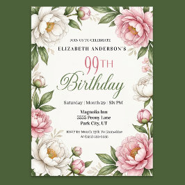 Convites Soft Pink Magnolia and Peony 99th Birthday 