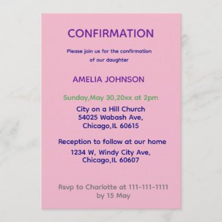 Convites Soft Pink & Purple Confirmation Invitation