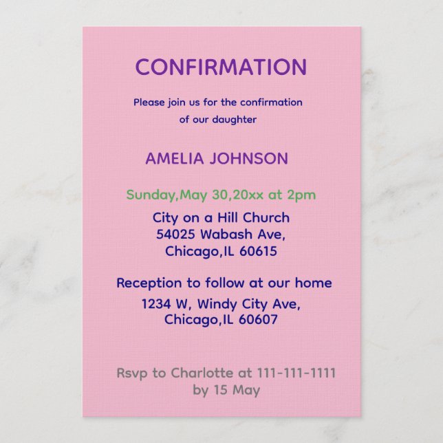 Convites Soft Pink & Purple Confirmation Invitation (Frente)