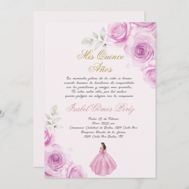 Convites Soft pink Quinceanera Spanish (Frente/Verso)
