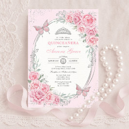 Convites Soft Pink Silver Quinceañera Rose Flower Butterfly