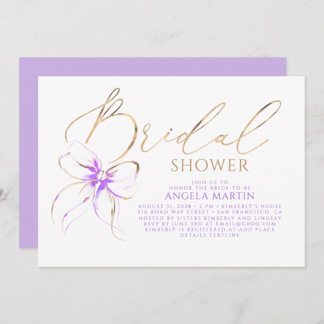 Convites Soft Purple Bow Elegant Romantic Bridal Shower (Frente/Verso)
