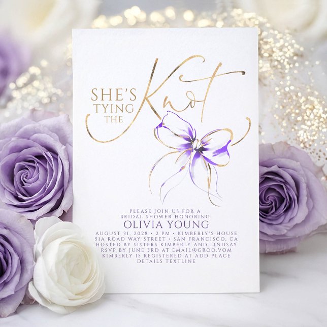 Convites Soft Purple Bow She's Tying The Knot Bridal Shower (Soft Purple Bow Bridal Shower Invitation She's Tying The Knot)