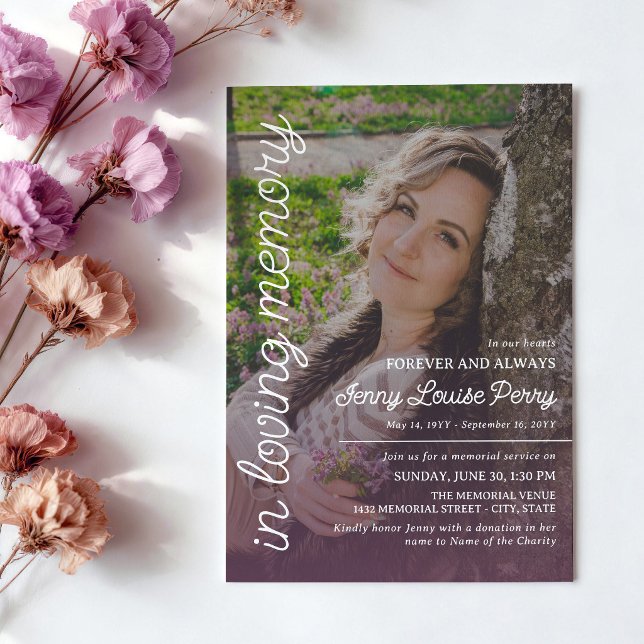 Convites Soft Purple Memorial Large Photo White Text (Criador carregado)