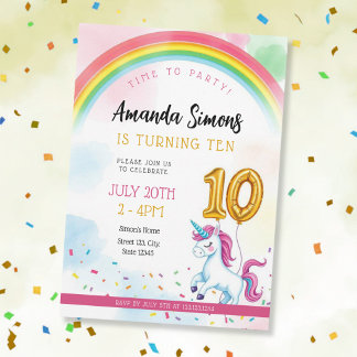 Convites Soft Rainbow Arch Confetti Girl 10th Birthday