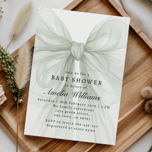 Convites Soft Sage Bow Elegant Neutral Baby Shower (Criador carregado)