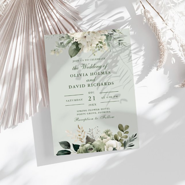 Convites Soft Sage Green Floral Classic Wedding Invitation (Soft Sage Green Floral Classic Wedding Invitation on a sunny table with white dry botanicals)