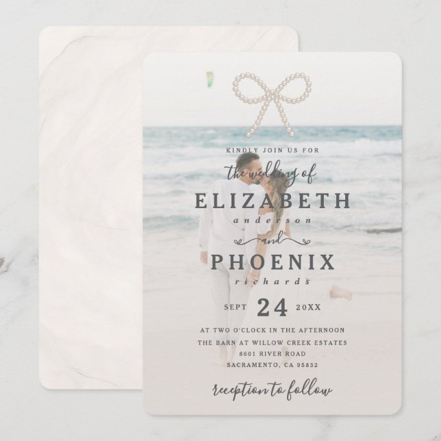 Convites Soft Simple Pearl Bow Custom Photo Elegant Wedding (Frente/Verso)