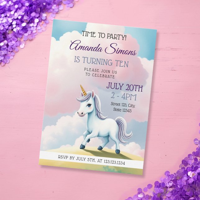 Convites Soft Sky Unicorn Whimsical Girl 10th Birthday (Criador carregado)
