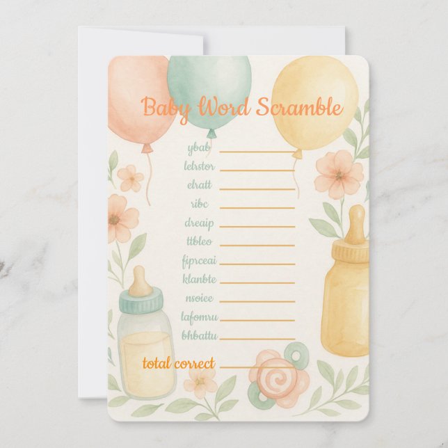 Convites Soft Watercolor Baby Shower Word Scramble Game (Frente)