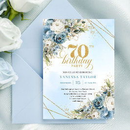 Convites Soft watercolor blue florals gold 70th birthday 