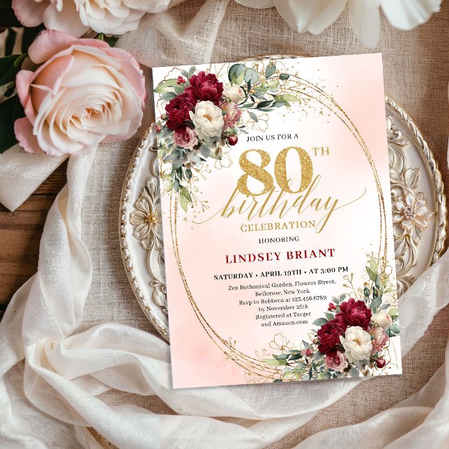 Convites Soft Watercolor Burgundy Floral 80th Birthday  (Soft Watercolor Burgundy Floral 80th Birthday Invite)