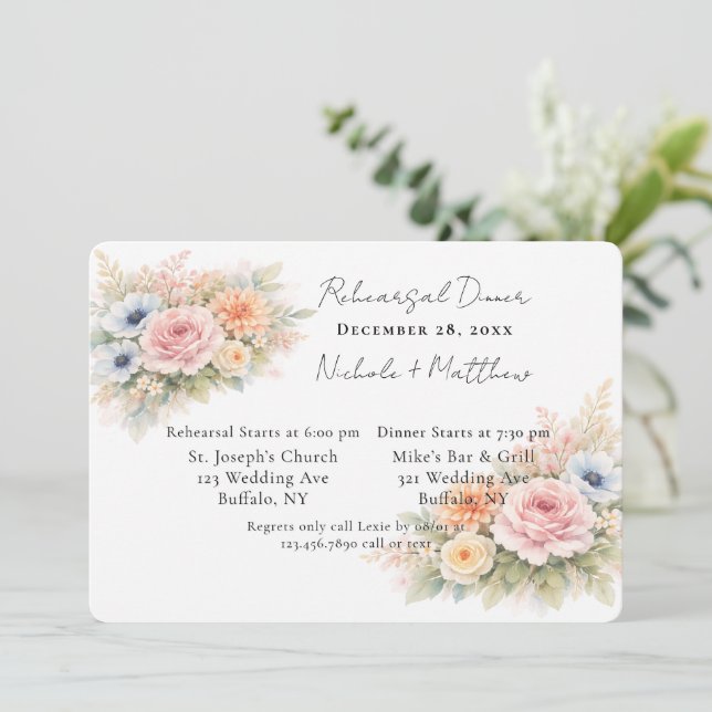 Convites Soft Watercolor Floral Rehearsal Dinner (Em pé/Frente)