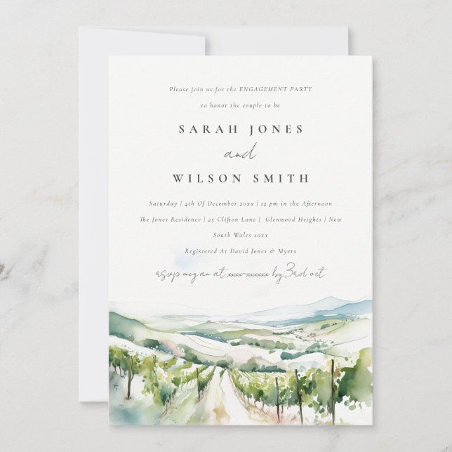 Convites Soft Watercolor Vineyard Landscape Engagement (Frente)