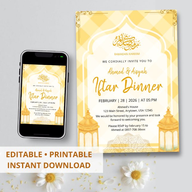 Convites Soft Yellow Plaid Iftar Invitation Watercolor (Criador carregado)