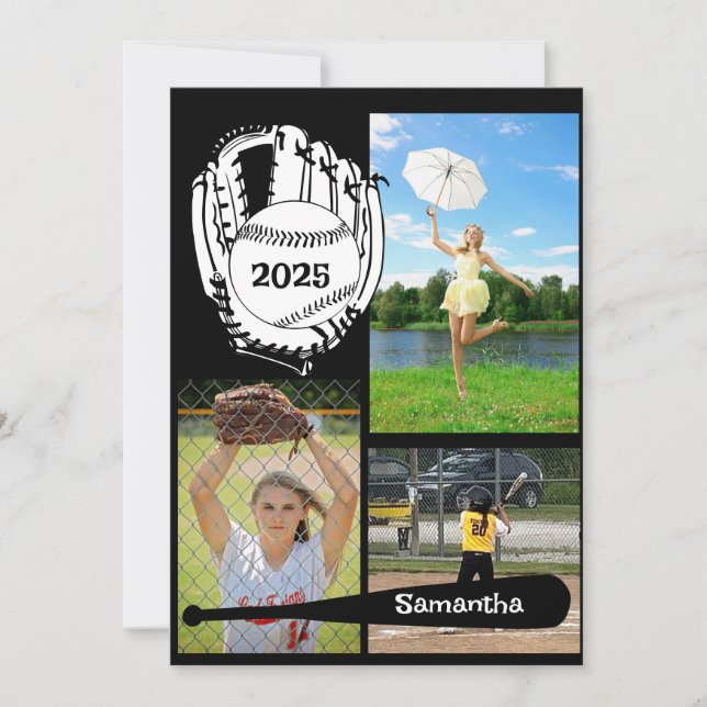 Convites Softball/ Baseball 3 Graduação de Foto em Preto (Frente)