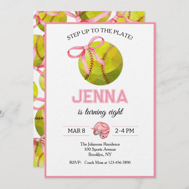 Convites Softball Birthday (Frente/Verso)