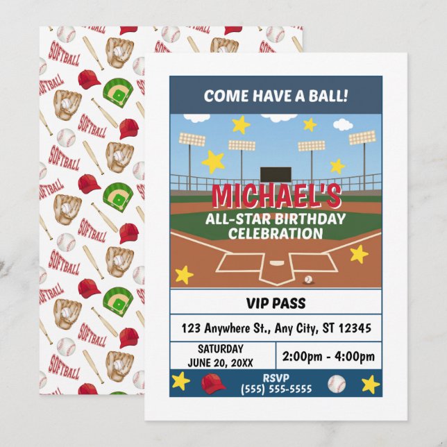 Convites Softball Birthday Party Invitation (Frente/Verso)
