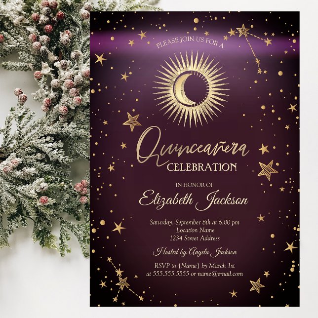 Convites Sol Celestial, Lua, Estrelas Burgundy Quinceanera (Criador carregado)