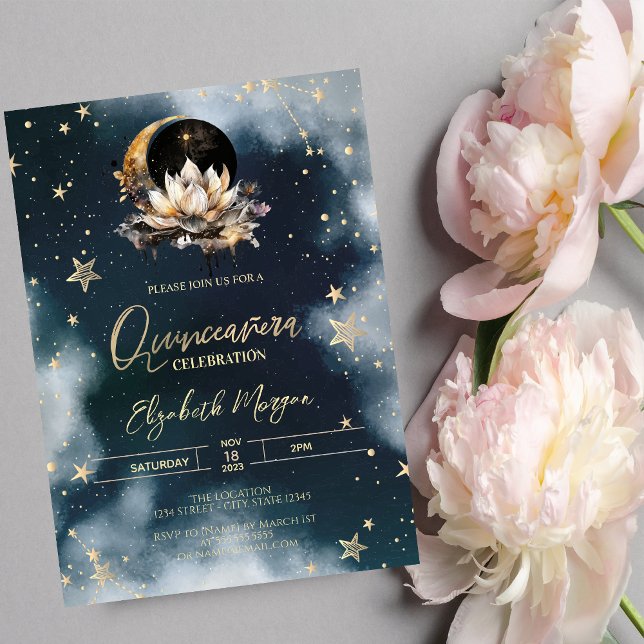 Convites Sol Celestial, Lua, Estrelas Lótus Céu Quinceanera (Criador carregado)