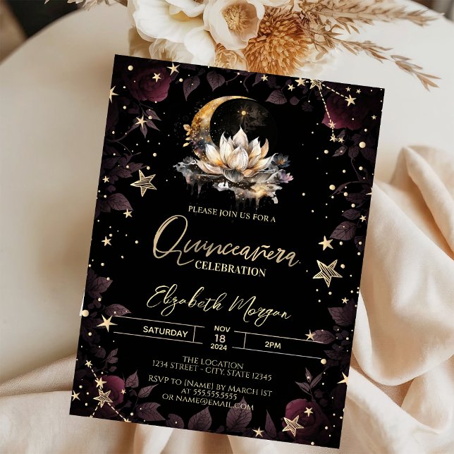Convites Sol Celestial, Lua, Estrelas Rosas Quinceanera (Criador carregado)