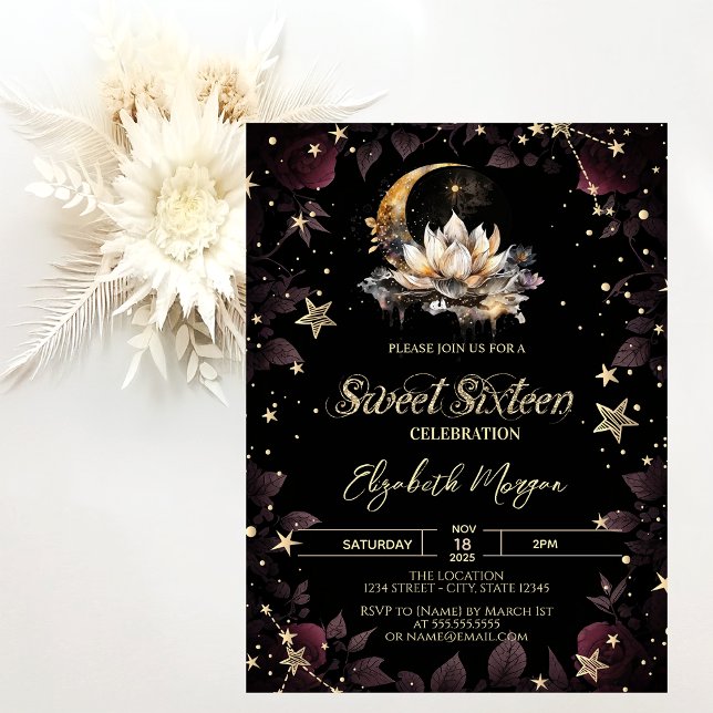 Convites Sol Celestial, Lua, Estrelas Rosas Sweet 16 (Criador carregado)