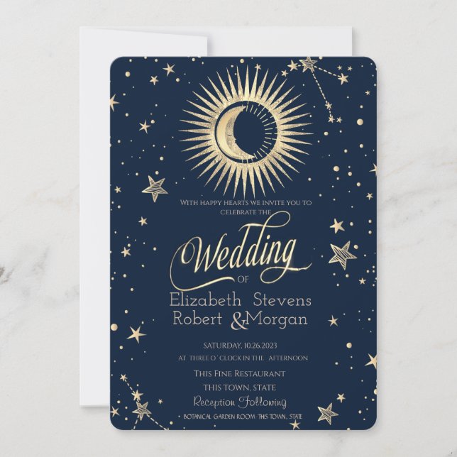 Convites Sol Dourado Celestial E Estrelas De Casamento Lua (Frente)