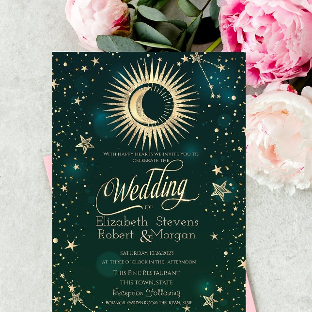 Convites Sol Dourado Celestial E Estrelas Lua Casamento Ver (Criador carregado)