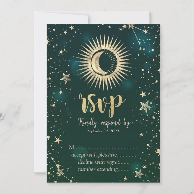 Convites Sol Dourado Celestial E Estrelas Lua Verde RSVP (Frente)