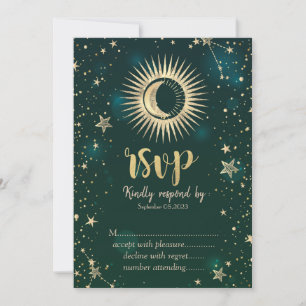 Convites Sol Dourado Celestial E Estrelas Lua Verde RSVP