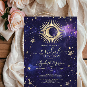 Convites Sol Dourado Celestial, Lua, Estrelas Aquarela Roxo