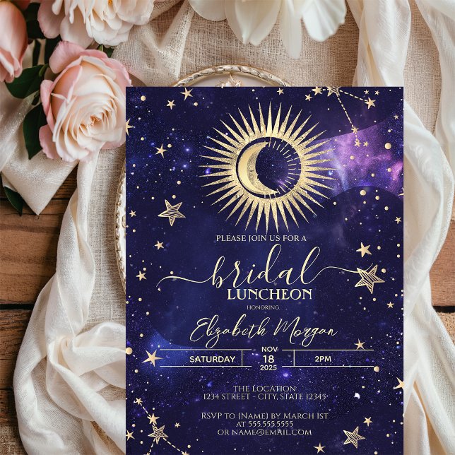 Convites Sol Dourado Celestial, Lua, Estrelas Aquarela Roxo (Criador carregado)