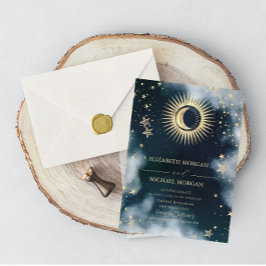 Convites Sol Dourado Celestial, Lua, Estrelas Céu Casamento