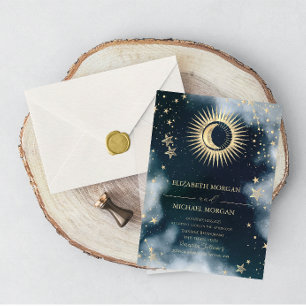 Convites Sol Dourado Celestial, Lua, Estrelas Céu Casamento