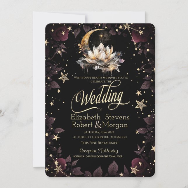 Convites Sol Dourado Celestial,Lua,Estrelas Rosas Céu Notur (Frente)