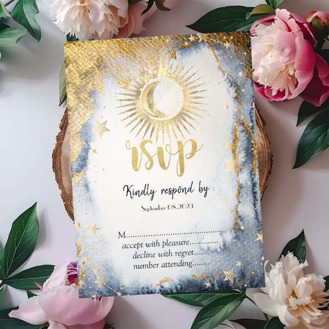 Convites Sol Dourado Celestial,Lua,Estrelas RSVP Aquarela (Criador carregado)