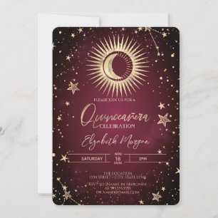 Convites Sol Dourado Celestial Lua Stars Red Quinceanera