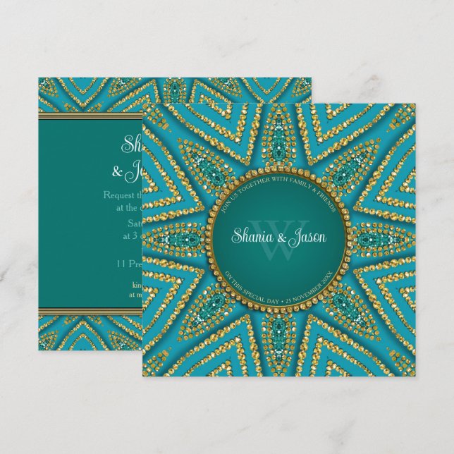 Convites Sol Dourado e Brilho Azul da Boêmia Oriental (Frente/Verso)