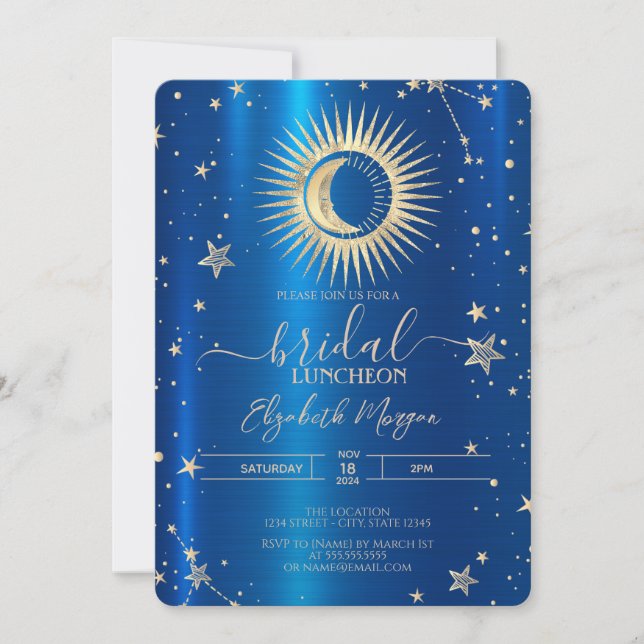 Convites Sol Dourado E Estrelas Da Lua Azul Metálico Almoço (Frente)