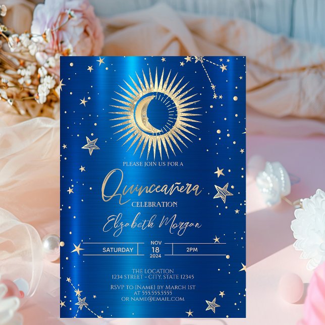 Convites Sol Dourado E Estrelas Da Lua Azul Metalizado Quin (Criador carregado)