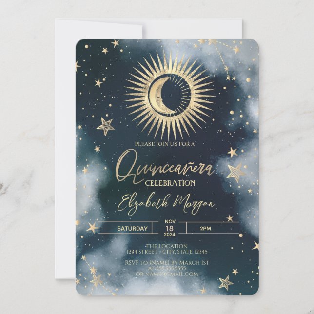 Convites Sol Dourado, Lua, Estrelas Céu Noturno Quinceanera (Frente)