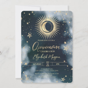 Convites Sol Dourado, Lua, Estrelas Céu Noturno Quinceanera