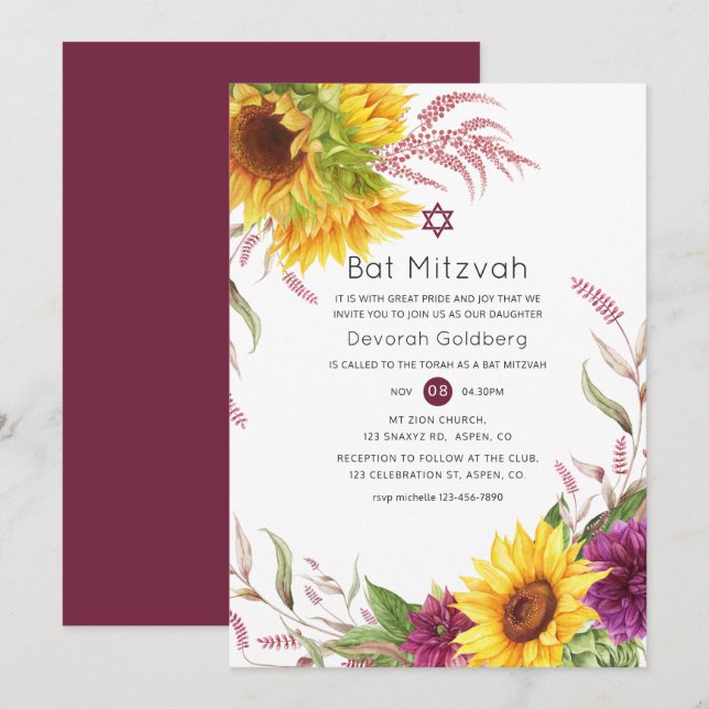 Convites Sol e Ameixa Borgonha Floral Bat Mitzvah (Frente/Verso)