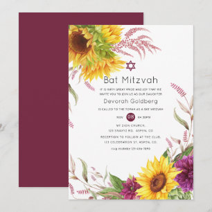 Convites Sol e Ameixa Borgonha Floral Bat Mitzvah