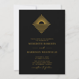 Convites Sol Oceano Código QR RSVP Dourado em Preto Casamen