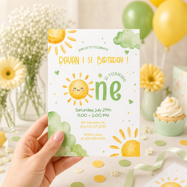 Convites Sol Primeiro Aniversário Bebê Menino Verde Boho (Criador carregado)