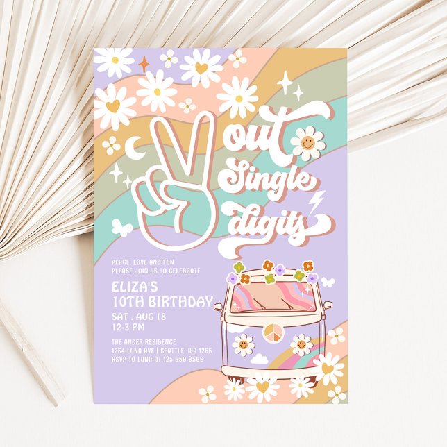 Convites Solteiro Dígito Púrpura de Paz Groovy 10º Aniversá (Criador carregado)