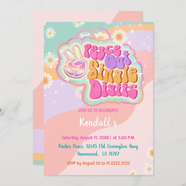 Convites Solteiro Groovy Peace Out - Dígitos 10 (Frente/Verso)