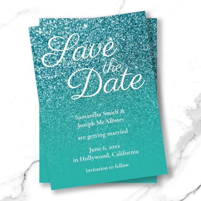 Convites Sombra de Turquesa Verde com Brilho Salve a Data (Teal Turquoise Ombre Glitter Save the Date Invitation)
