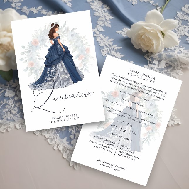 Convites Sombras Azuis de Quinceañera, Romântica Encantada, (Enchanted Romantic Spanish Quinceañera Blue Shades Invitation Card with Envelope. )